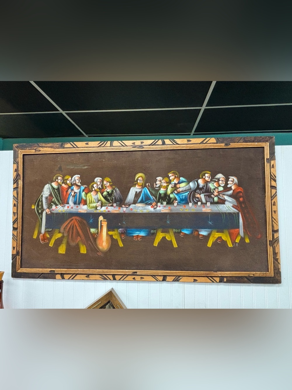 Vintage velvet painting last supper religious Jesus wood frame 1960’s